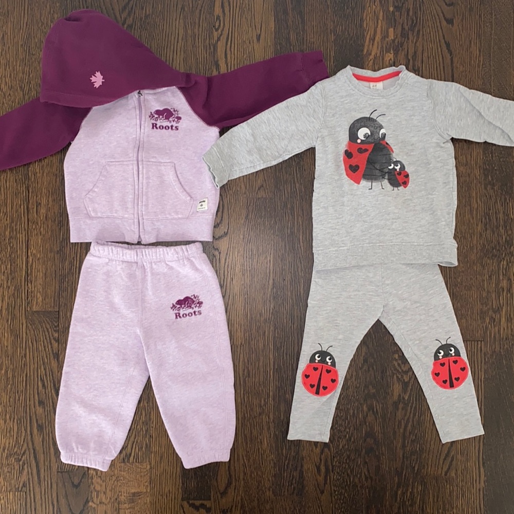 H&M Ladybug set and Baby Roots Toodler Girl 18-24 mth sweatshirt and pant sets